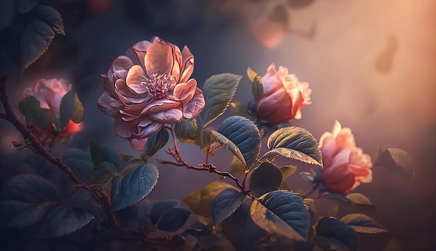 Bellissimo sfondo floreale con rose pastello morbide in sfumature di spazio di copia blu e rosa