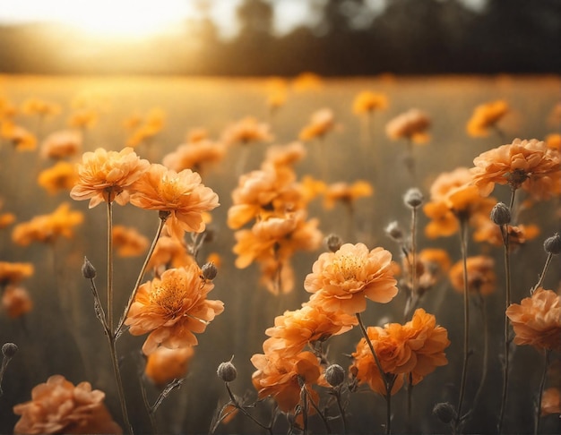 Bellissimo sfondo floreale naturale con un campo pieno di fiori in fiore