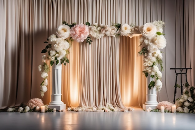 Bellissimo sfondo floreale per scattare foto, decorazione di nozze, muro di rose, cerimonia di nozze, rosa bianca