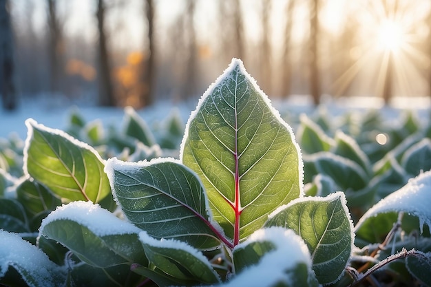 Bellissimo sfondo invernale con foglie ghiacciate da vicino e luce solare mattutina con sfondo bokeh