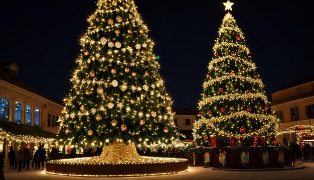 Bellissimo sfondo natalizio con un albero di Natale ornato su uno sfondo blu serale