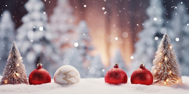 Bellissimo sfondo natalizio innevato albero di Natale decorato con palle rosse e giocattoli a maglia nella foresta nelle nevicate nelle nevicate all'aperto spazio di copia in formato banner