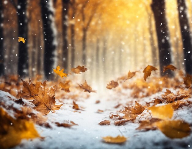 Bellissimo sfondo naturale autunnale con foresta e neve che cade di foglie arancioni