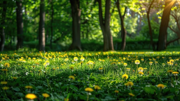 Bellissimo sfondo naturale primaverile Paesaggio con erba verde con dente di leone in fiore