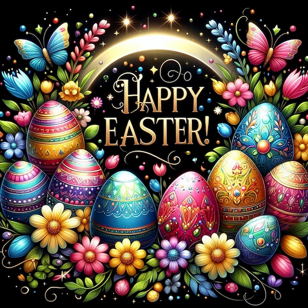 Bellissimo sfondo nero colorato con testo Happy Easter Day