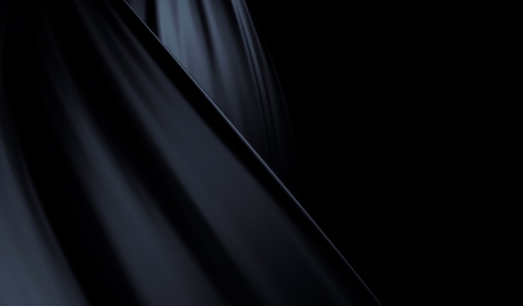 Bellissimo sfondo nero elegante con panno volante in via di sviluppo. Sfondo nero con drappeggi e pieghe di seta. Liscio elegante seta nera o texture satinata. Disegno di sfondo di lusso. Rendering 3D.