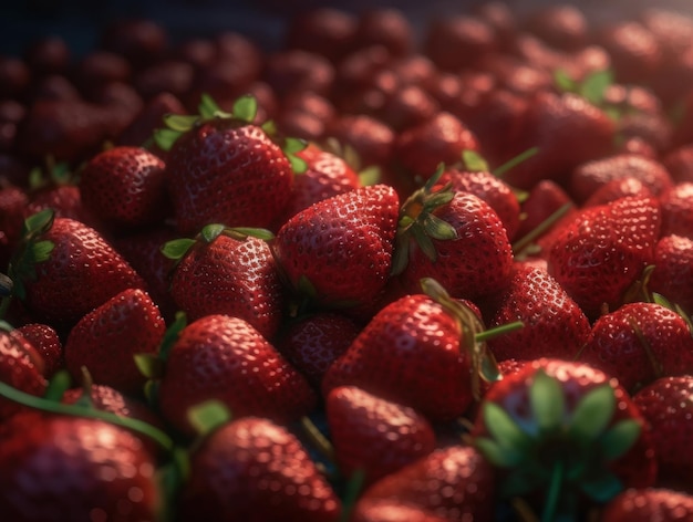 Bellissimo sfondo organico di fragole appena raccolte creato con la tecnologia Generative AI
