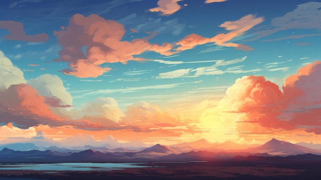 Bellissimo sfondo paesaggio All'alba estiva dei cartoni animati con nuvole lago di montagna e sole stile Anime