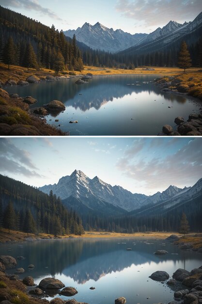 Bellissimo sfondo per la fotografia di paesaggio, picchi, lago, canyon, cielo, nuvole bianche