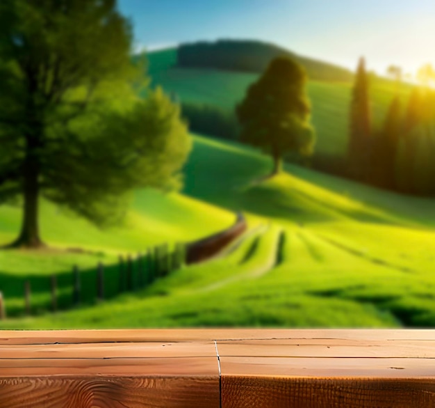 Bellissimo sfondo verde prato primaverile con tavolo in legno vuoto per la natura dell'esposizione del prodotto sfocata
