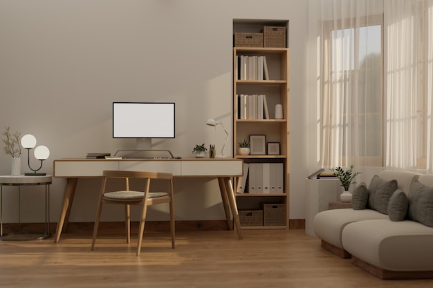 Bellissimo soggiorno scandinavo con mockup di computer per l'interior design dell'area di lavoro