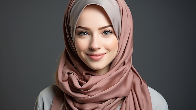 Bellissimo sorriso di una donna musulmana su uno sfondo grigio