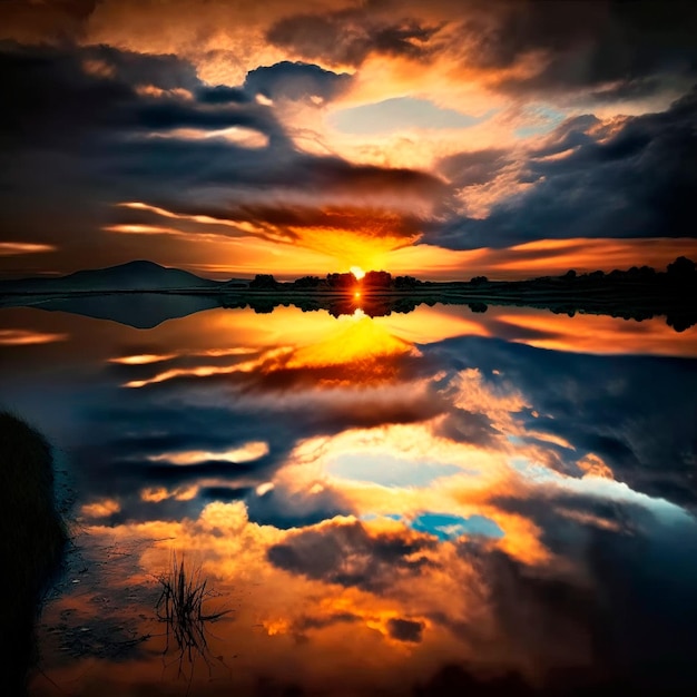 Bellissimo specchio d'acqua e il riflesso del cielo nel sole al tramonto