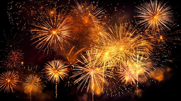 Bellissimo spettacolo di fuochi d'artificio colorati nel cielo di notte per la celebrazione felice festa di Capodanno e copiare lo spazio