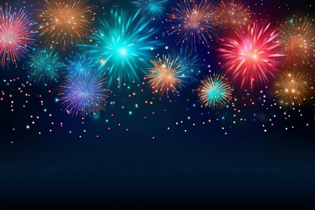 Bellissimo spettacolo di fuochi d'artificio colorati nel cielo di notte per la celebrazione felice festa di Capodanno e copiare lo spazio