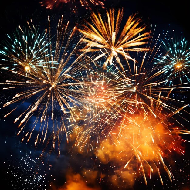 Bellissimo spettacolo di fuochi d'artificio colorato nel cielo di notte per la celebrazione felice festa di Capodanno e copia spazio