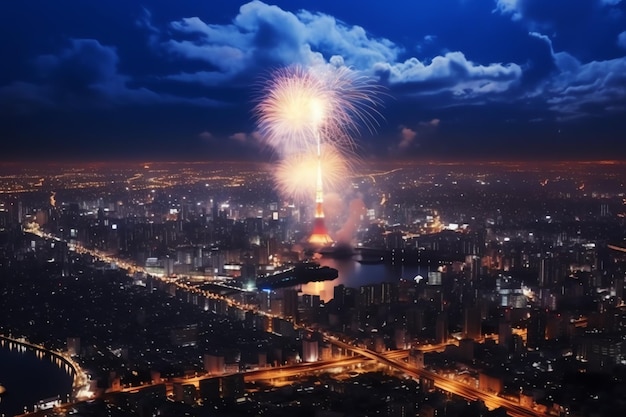 Bellissimo spettacolo di fuochi d'artificio con paesaggio cittadino di notte per festeggiare un buon anno nuovo spettacolo di fuochi d'artificio