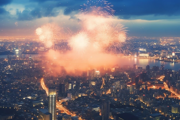 Bellissimo spettacolo di fuochi d'artificio con paesaggio cittadino di notte per festeggiare un buon anno nuovo spettacolo di fuochi d'artificio