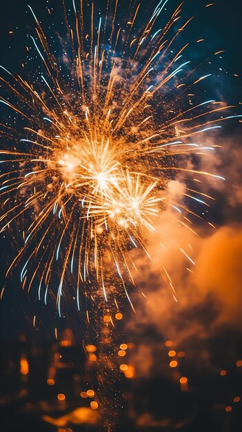 Bellissimo spettacolo di fuochi d'artificio con paesaggio cittadino di notte per la celebrazione di un buon anno nuovo