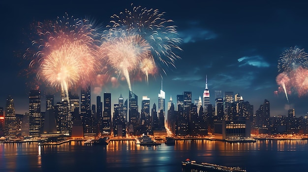 Bellissimo spettacolo di fuochi d'artificio con paesaggio cittadino di notte per la celebrazione di un buon anno nuovo