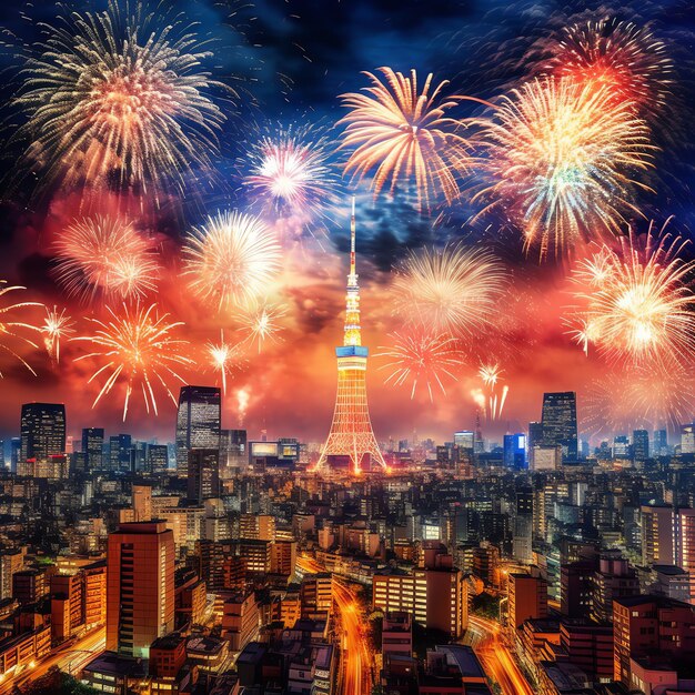 Bellissimo spettacolo di fuochi d'artificio con paesaggio cittadino di notte per la celebrazione di un buon anno nuovo