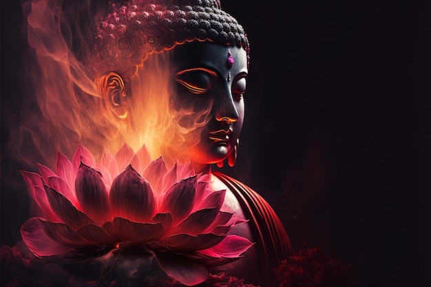 Bellissimo spettro di luce Luce del Buddha lampeggiante Fiore di loto giallo rosso brillante che brucia petali simili a nuvole circondati da una luce magica del caos fumo bianco che cade luce riflessa modello d'acqua