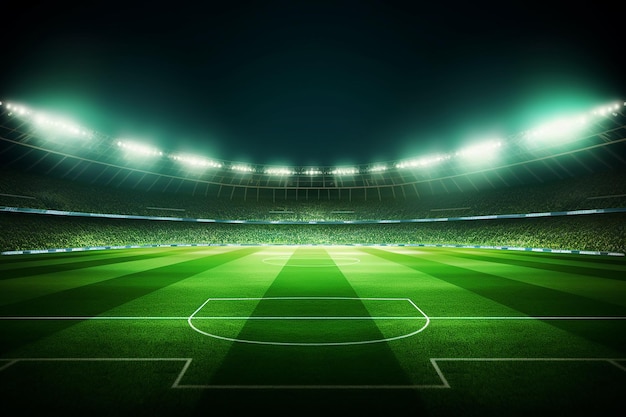 bellissimo stadio sportivo con un campo di erba verde splende con luci blu di notte con le stelle