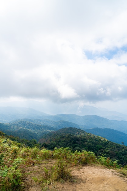 bellissimo strato di montagna con nuvole e cielo blu a Kew Mae Pan Nature Trail a Chiang Mai, Thailandia