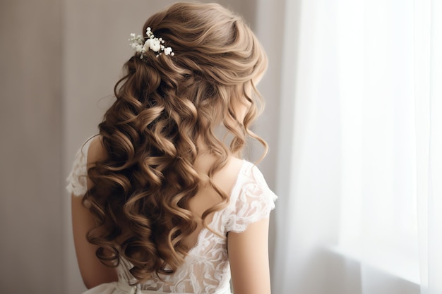 bellissimo taglio di capelli con riccioli laterali per l'evento di acconciatura da sposa della sposa