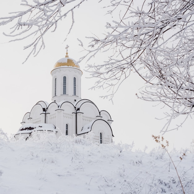 Bellissimo tempio bianco ortodosso tra alberi innevati