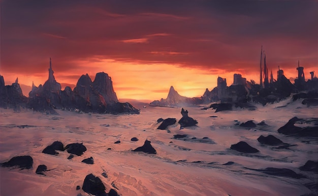 Bellissimo tramonto rosso in montagna favolosa vista del cielo serale Vista delle cime montagne è una bellezza irreale il cielo al tramonto si riflette sui pendii delle montagne