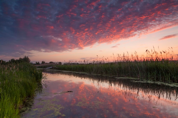 Bellissimo tramonto rosso su un piccolo fiume