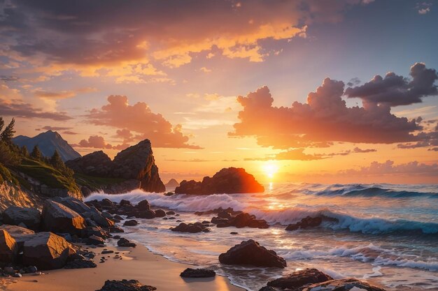 Bellissimo tramonto sopra la montagna intorno alla spiaggia mare oceano e roccia