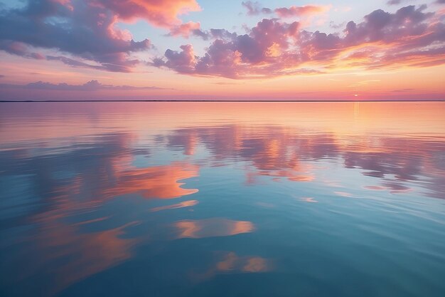 Bellissimo tramonto sul mare colori pastello e riflessi sull'acqua paesaggio naturale calmo con nuvole colorate e mare Ambiente gradiente naturale sfondo astratto