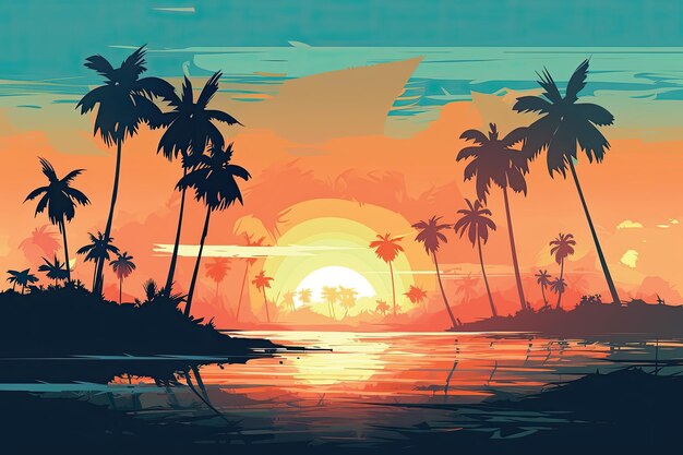 Bellissimo tramonto sul mare illustrazione in stile piatto