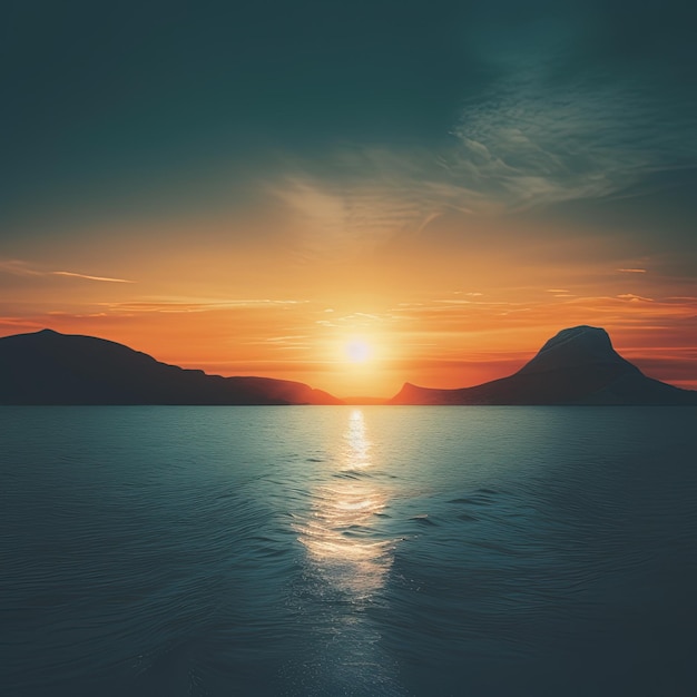 bellissimo tramonto sull'oceano blu con una collina di colore arancione chiaro e cyan chiaro sullo sfondo minimalista