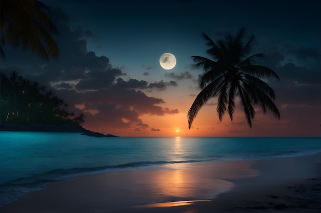 Bellissimo tramonto sulla spiaggia con palme rendering 3d