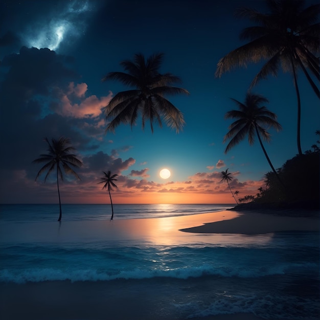 Bellissimo tramonto sulla spiaggia con palme rendering 3d