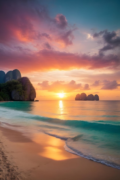 bellissimo tramonto sulla spiaggia di Phi Phi in Thailandia