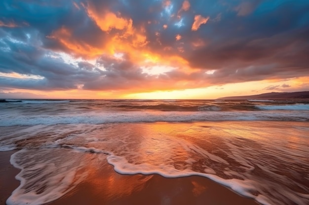 Bellissimo tramonto sulla spiaggia dorata con cielo colorato e nuvole tempestose create con intelligenza artificiale generativa