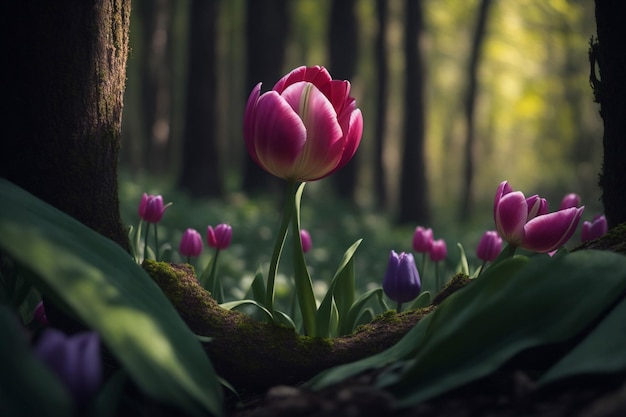 Bellissimo tulipano nella foresta al tramonto Sullo sfondo della natura