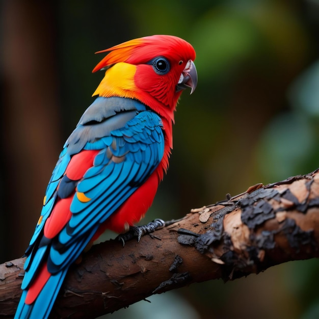 bellissimo uccello macaw scarlatto seduto su un ramo nella foresta generativo ai