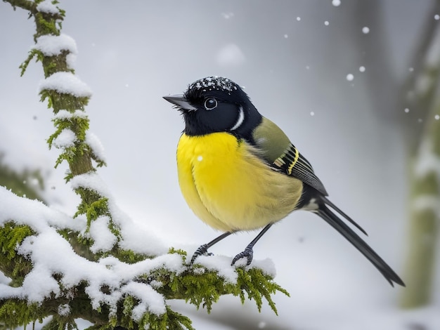 bellissimo uccello seduto nel tardo autunno nel parco su un ramo di betulla nella neve