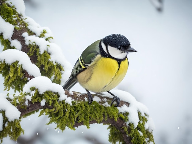 bellissimo uccello seduto nel tardo autunno nel parco su un ramo di betulla nella neve