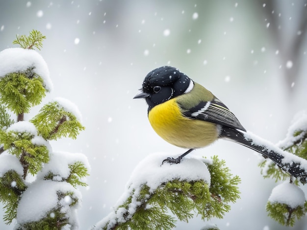 bellissimo uccello seduto nel tardo autunno nel parco su un ramo di betulla nella neve