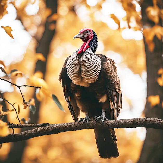 Bellissimo uccello tacchino seduto su un ramo d'albero Generato dall'AI