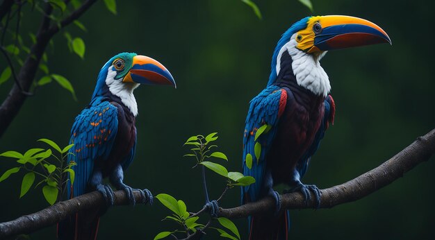 Bellissimo uccello tucano colorato su un ramo in una foresta pluviale