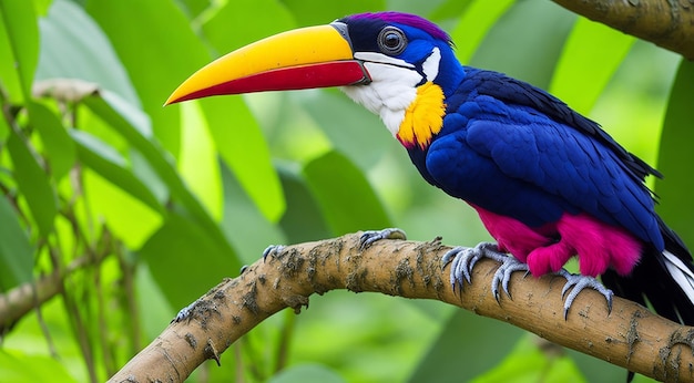 Bellissimo uccello tucano colorato su un ramo in una foresta pluviale