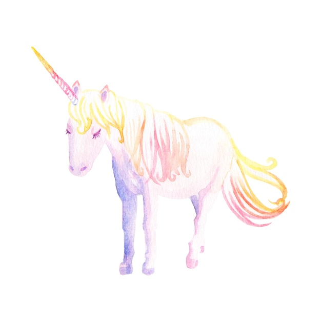 Bellissimo unicorno dipinto a mano ad acquerello in piedi rilassato