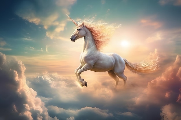 Bellissimo unicorno magico e mitico nel cielo